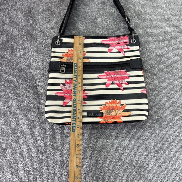 Sakroots Artist Crossbody Shoulder Satchel Bag Purse Striped Black White Floral - Picture 4 of 10